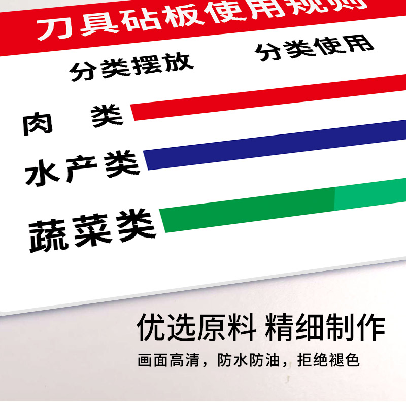 厨房色标管理制度亚克力定制刀具砧板使用规则标识牌4d厨房管理标识全套分类标牌幼儿园学校食堂工具提示牌-图1