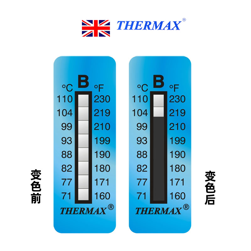 英国thermax测温纸 温度贴纸热敏感温纸温度标签条8格10格10条/本 - 图2