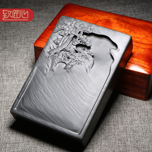 匠心非遗安徽名砚名家手工雕刻《湖山胜景》天然原石歙砚原石老坑眉纹长方书法国画创作磨墨磨墨自用砚台木盒 - 图0