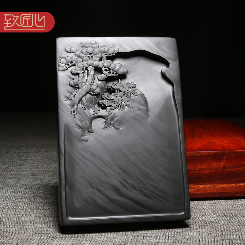匠心非遗歙砚技艺传人名师作品《溪山胜景》天然原石精手工老坑眉纹歙县高档砚台兼端砚收藏送礼木盒_虎窝淘