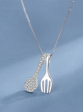 靓翁翁S925纯银项链女小吃货勺叉吊坠网红勺子叉子能吃是福锁骨链