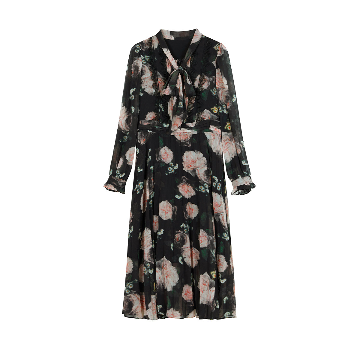 曼德诗印花连衣裙女2025春季新品气质雪纺压褶中长裙法式复古裙,淘宝优惠券,粉丝福利购,淘宝优惠卷