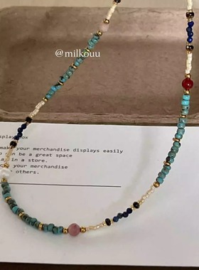 油画感绿松石玛瑙手工串珠项链