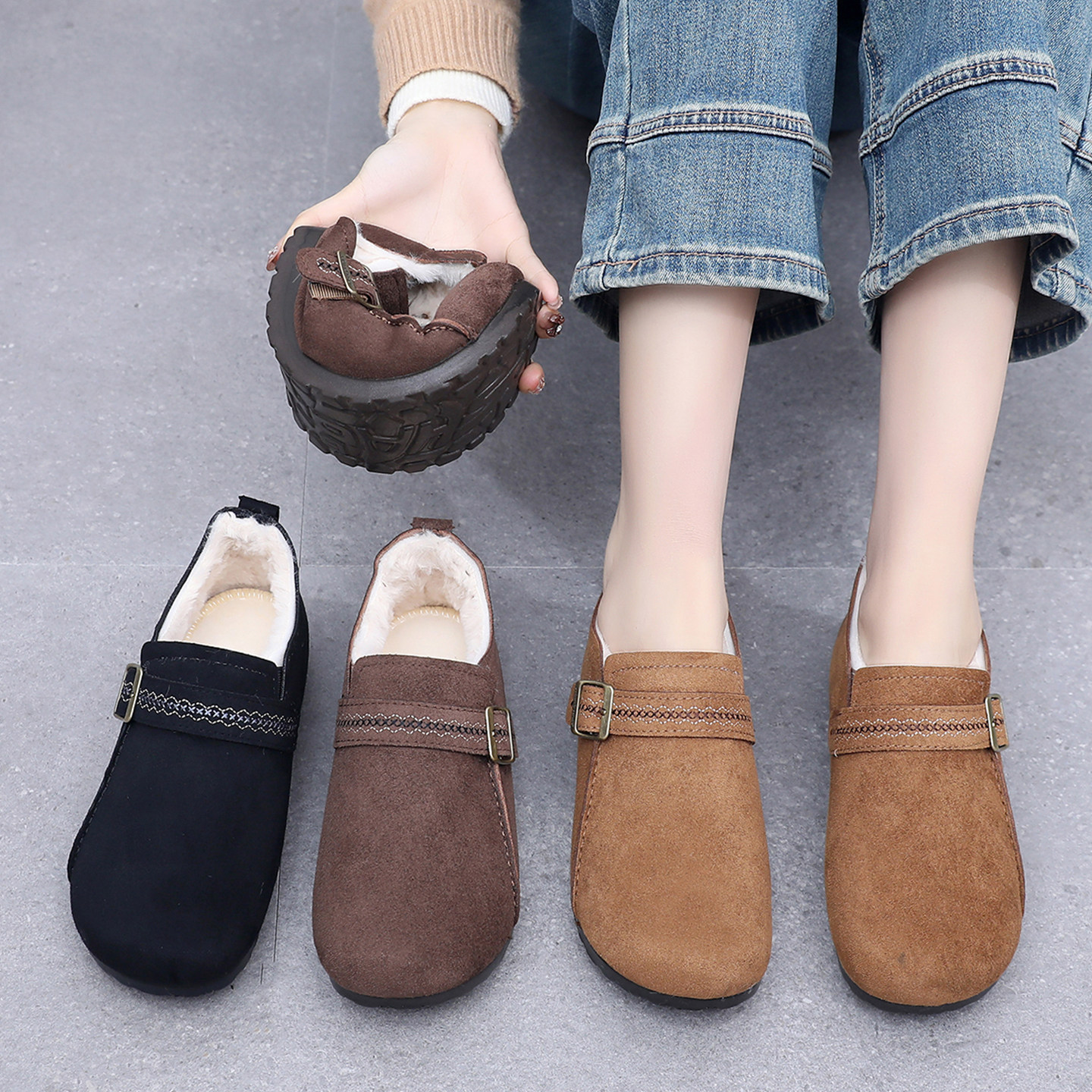 加绒勃肯鞋女冬季2025新款保暖豆豆鞋老北京布鞋棉鞋工作鞋一脚蹬,淘宝优惠券,粉丝福利购,淘宝优惠卷