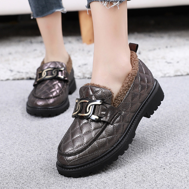 粗跟乐福鞋女冬季2025新款加绒加厚底豆豆鞋保暖棉鞋工作鞋一脚蹬,淘宝优惠券,粉丝福利购,淘宝优惠卷