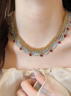 古里雅多层红色珍珠项链高级感