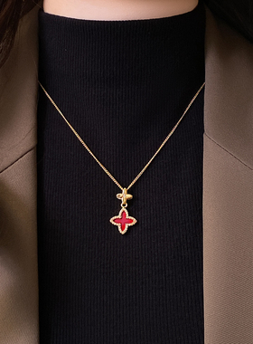 古里雅红色四叶草吊坠项链高级感