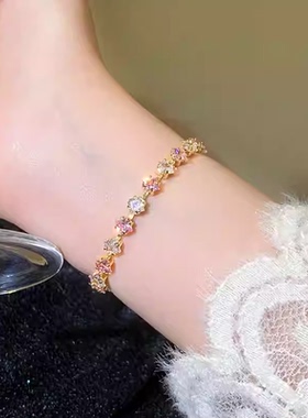 古里雅粉色锆石金色手链高级感