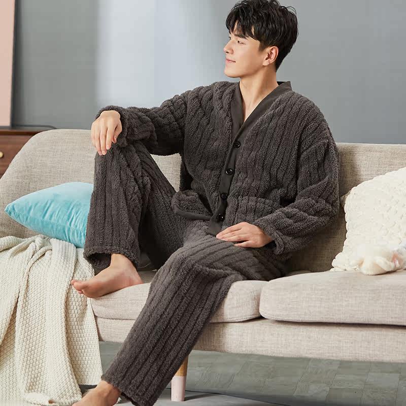 蓝豆娘秋冬季北极绒中年男士睡衣 蓝豆娘睡衣/家居服套装