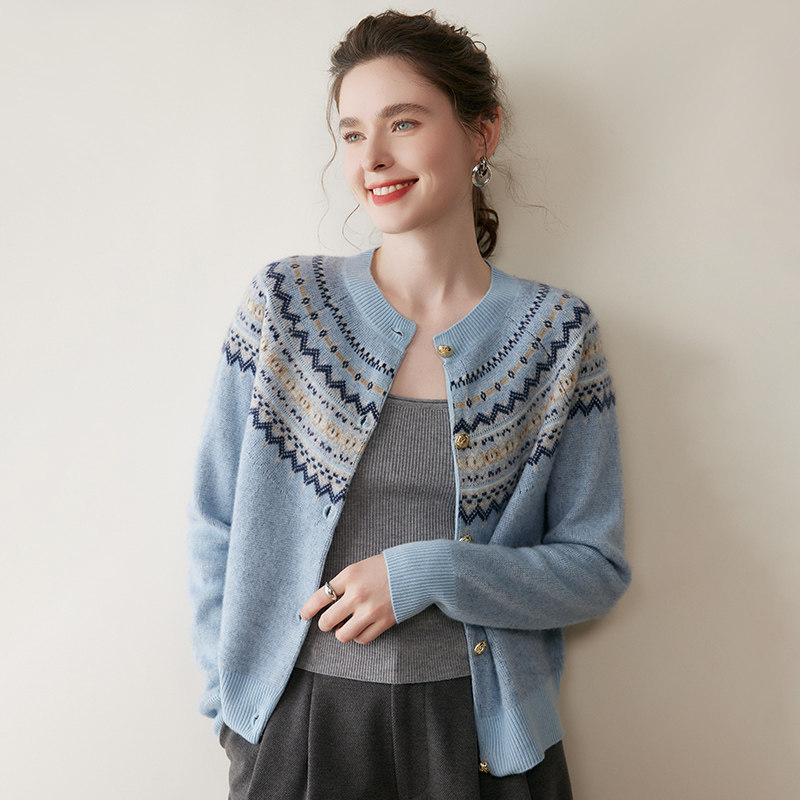 惊艳全场！费尔岛提花山羊绒针织开衫女25秋冬款圆领宽松毛衣外套,淘宝优惠券,粉丝福利购,淘宝优惠卷