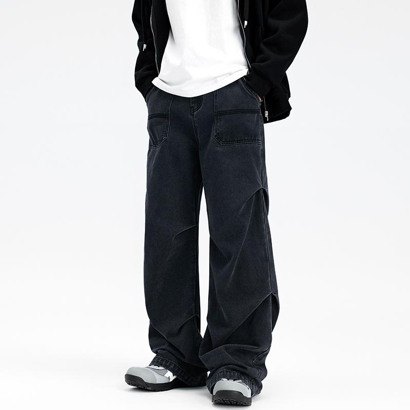 AWRB宽松阔腿褶皱牛仔裤男春秋季水洗深色口袋工装设计感休闲裤子 - 图1