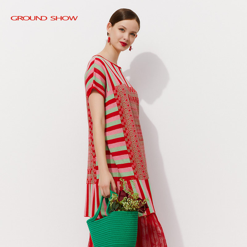 阁兰秀针织连衣裙2025夏季新款条纹宽松腰遮肉短袖H毛衣裙中长款