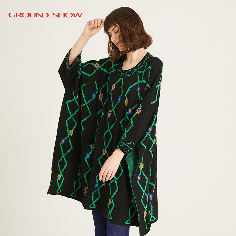 阁兰秀秋冬新款黑色插肩袖T廓形菱格提花针织连衣裙商场同款女装