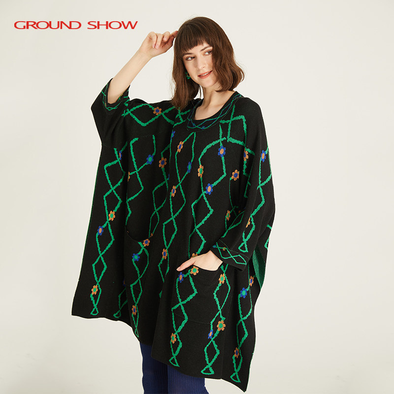 阁兰秀秋冬新款黑色插肩袖T廓形菱格提花针织连衣裙商场同款女装