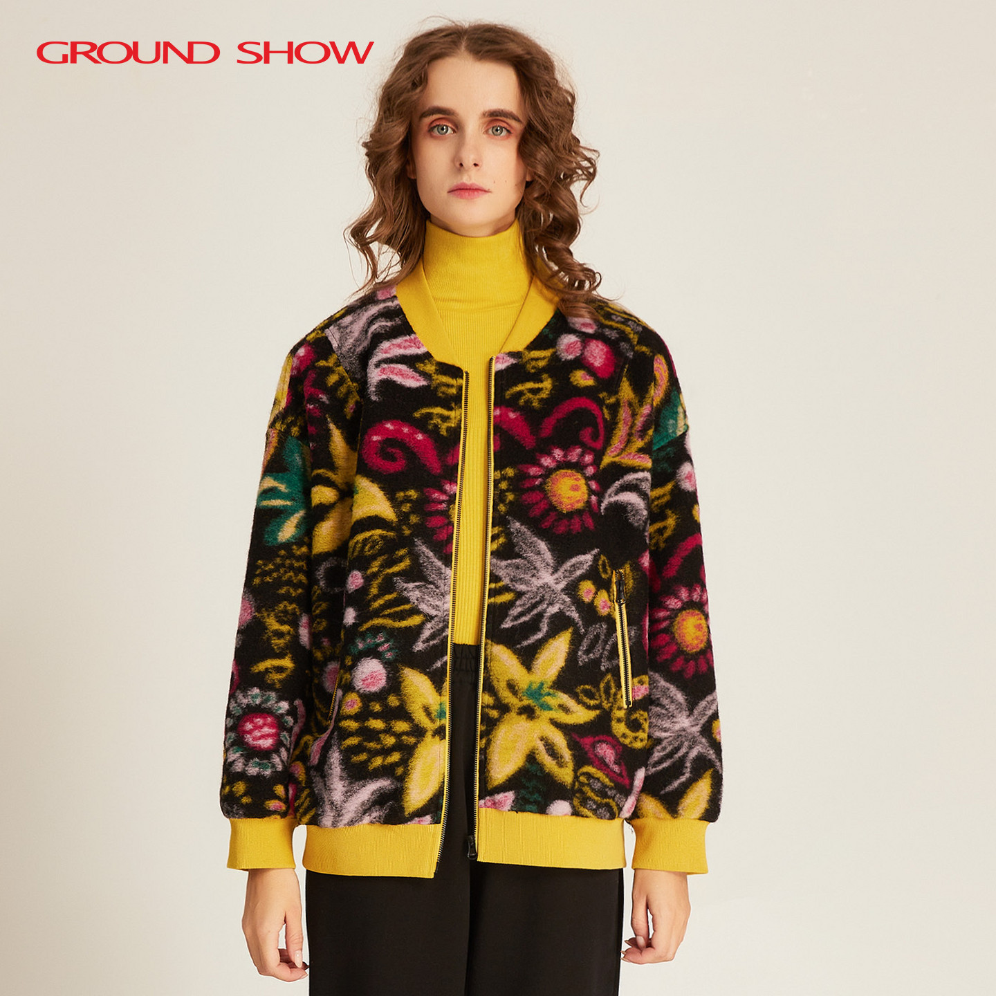 阁兰秀2025秋冬新品棒球领羊毛毛呢提花外套短款复古商场同款女装