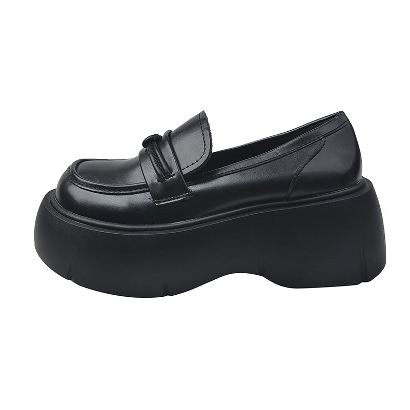 Black platform thick-soled small leather shoes for women, all-match loafers