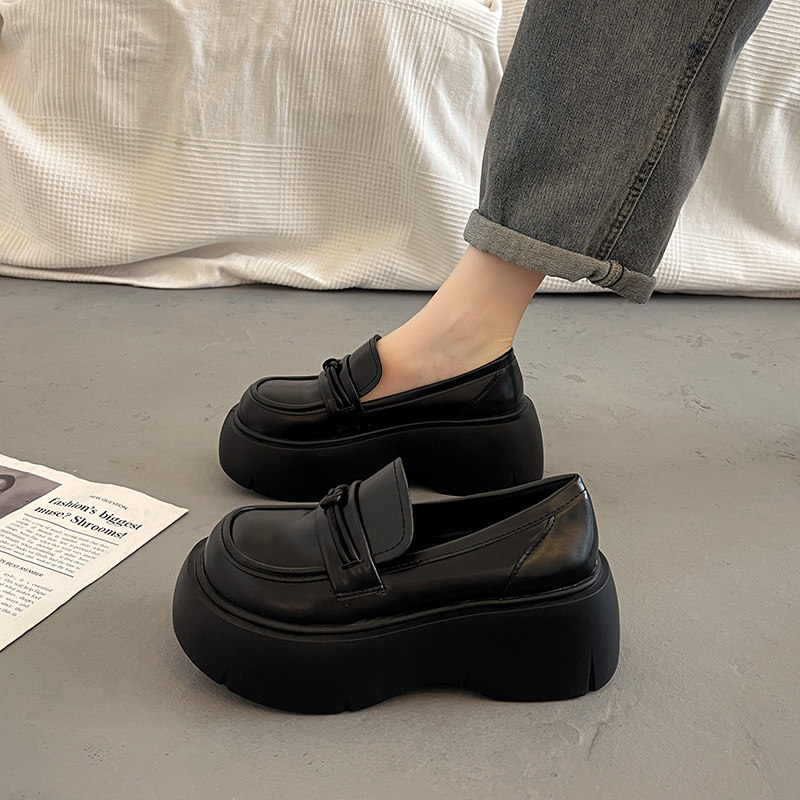 Black platform thick-soled small leather shoes for women, all-match loafers