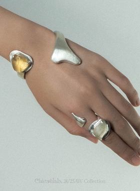 奇虚乐Chicxūlab 月流辉Moonglade 利比亚陨石冲击玻璃素银戒指