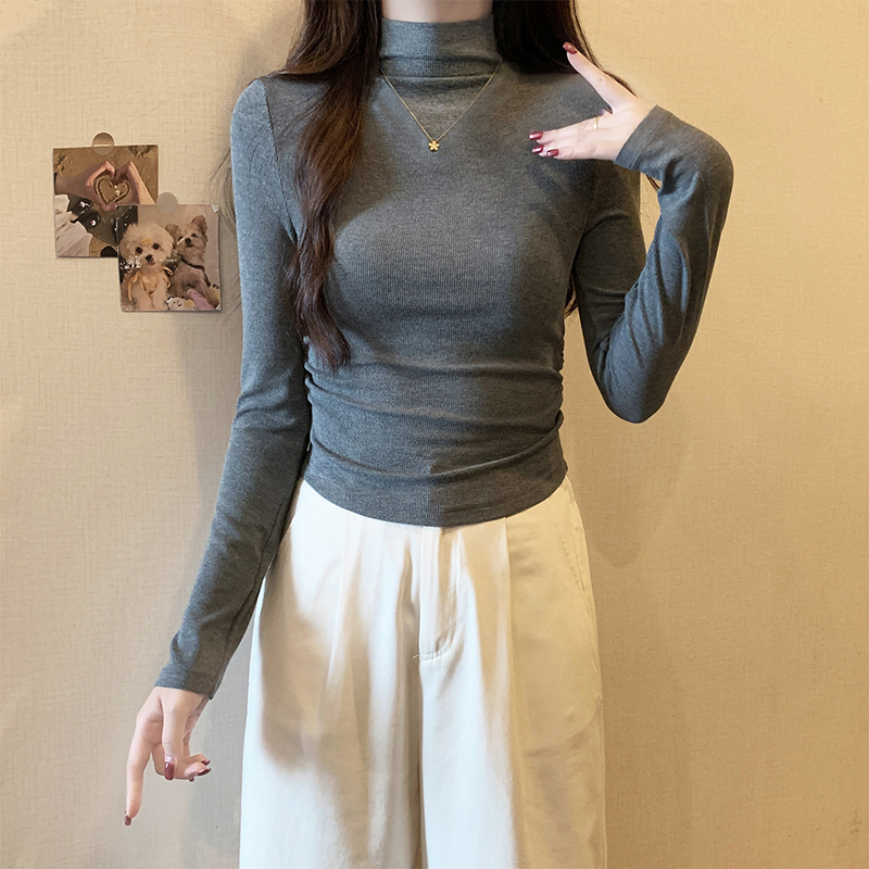 黑色针织半高领加绒打底衫女2025新款秋冬内搭紧身小个子短款上衣 - 图1