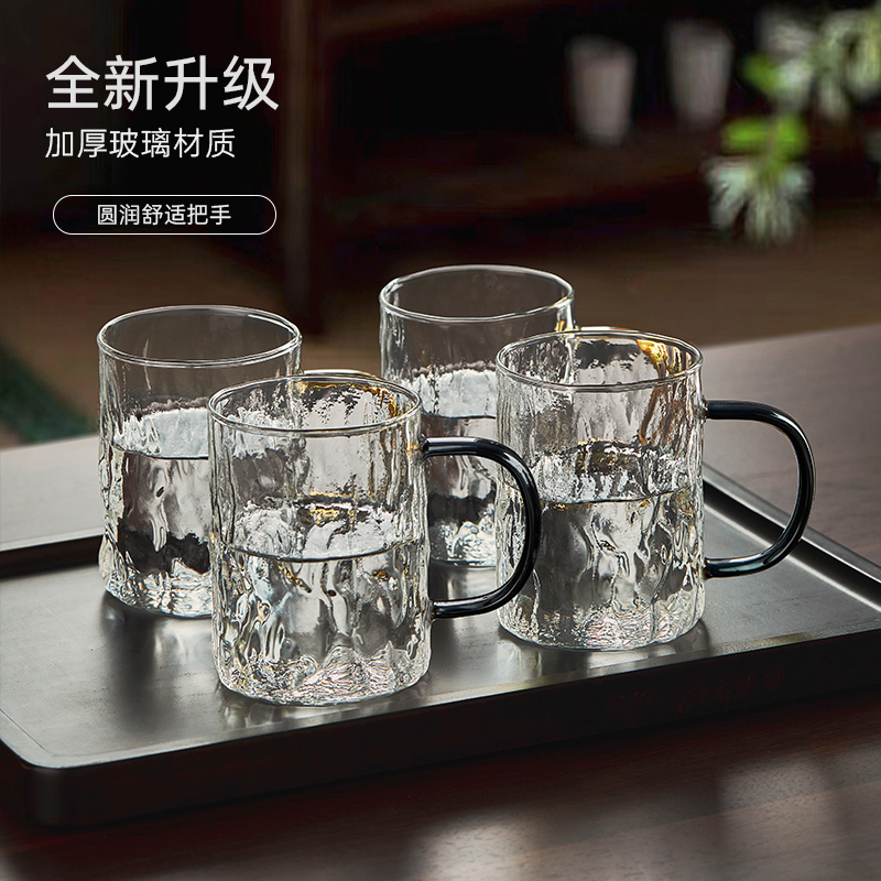 玻璃水杯家用茶杯透明冰川纹马克杯子耐高温单层带把手男士凉水杯 - 图0