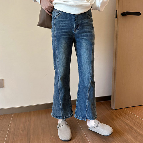 2025新款深蓝色美式复古弹力修身牛仔裤女微胖mm大码显瘦九分裤子 - 图1