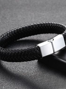 潮牌个性皮绳手链男款简约手镯复古朋克潮流手饰黑色手环男生单层