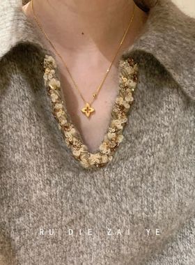 库宁 中古vintage拉丝四叶草项链高级感轻奢重工显贵气质锁骨链