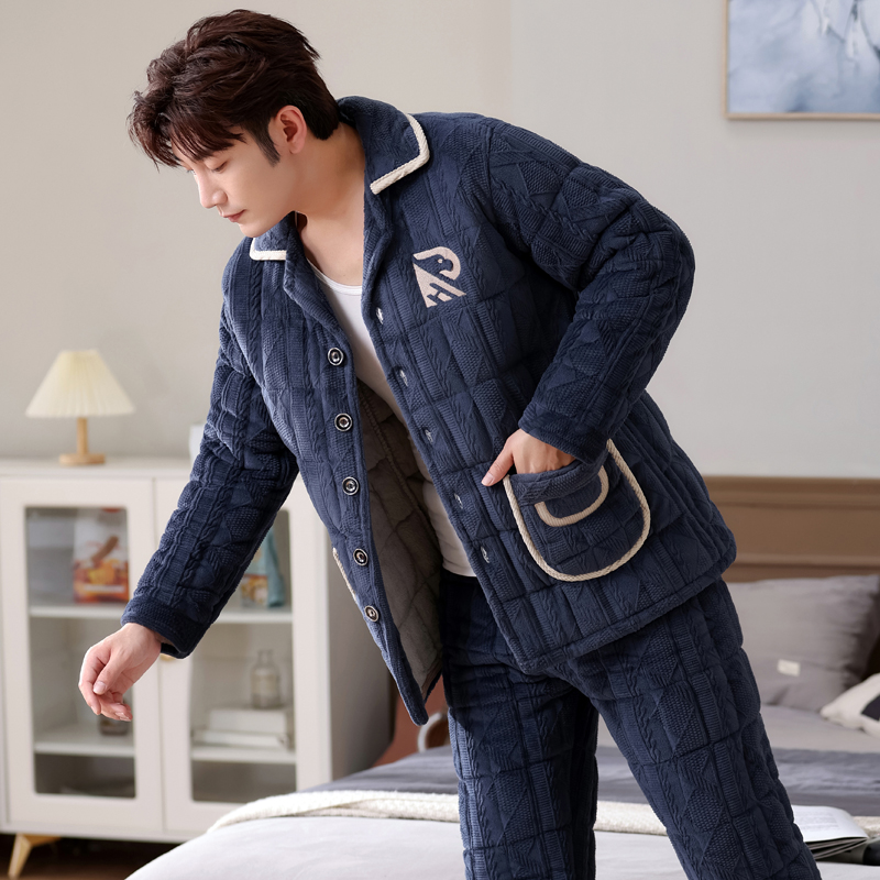 男士冬季珊瑚绒三层加绒棉袄秋睡衣 燕祥睡衣/家居服套装