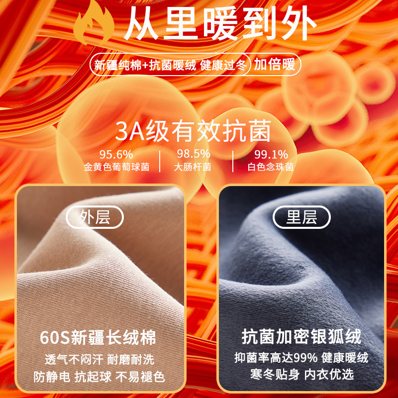 抗菌新款加绒加厚纯棉长袖t恤男士保暖打底衫秋冬季上衣内搭圆领