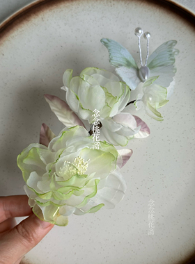 浅绿色牡丹烫花薄纱手工发夹仙气