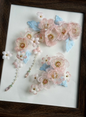 古风仙气粉色海棠烫花汉服发饰