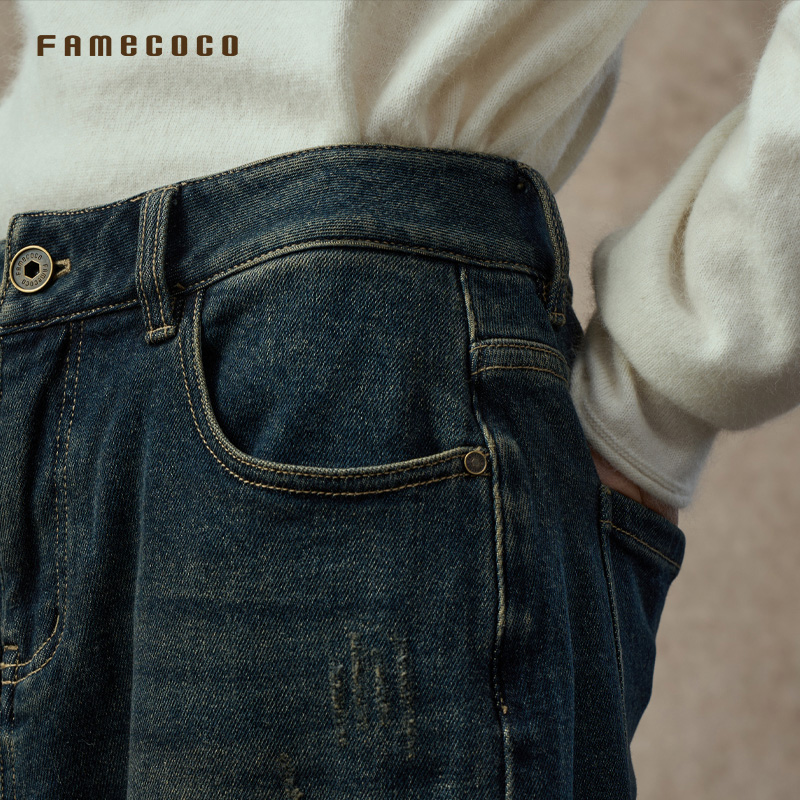 Famecoco梨型显瘦水洗深蓝高腰牛仔裤薄绒款宽松直筒裤FAC8GA033 - 图2