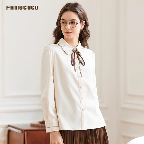 Famecoco范可儿优雅通勤刺绣花边领衬衫系带长袖衬衣FAB8BH021 - 图0