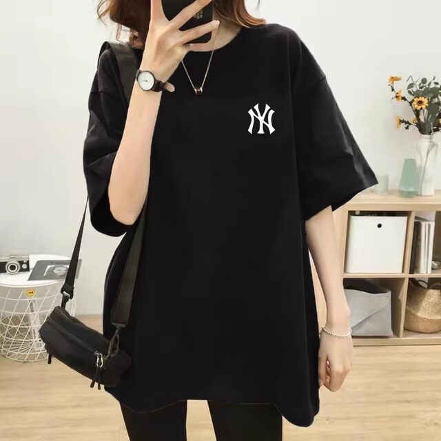 Loose pure cotton mid-length gray short-sleeved T-shirt for women