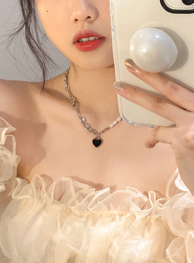 玫心钛钢钛钢十字链女淡水珍珠