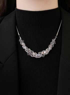 银色夸张水晶毛衣项链女2025