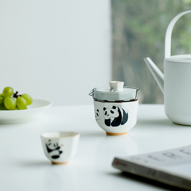 小熊猫花花玻璃旅行茶具快客杯户外随身便携一壶二杯陶瓷茶具套装