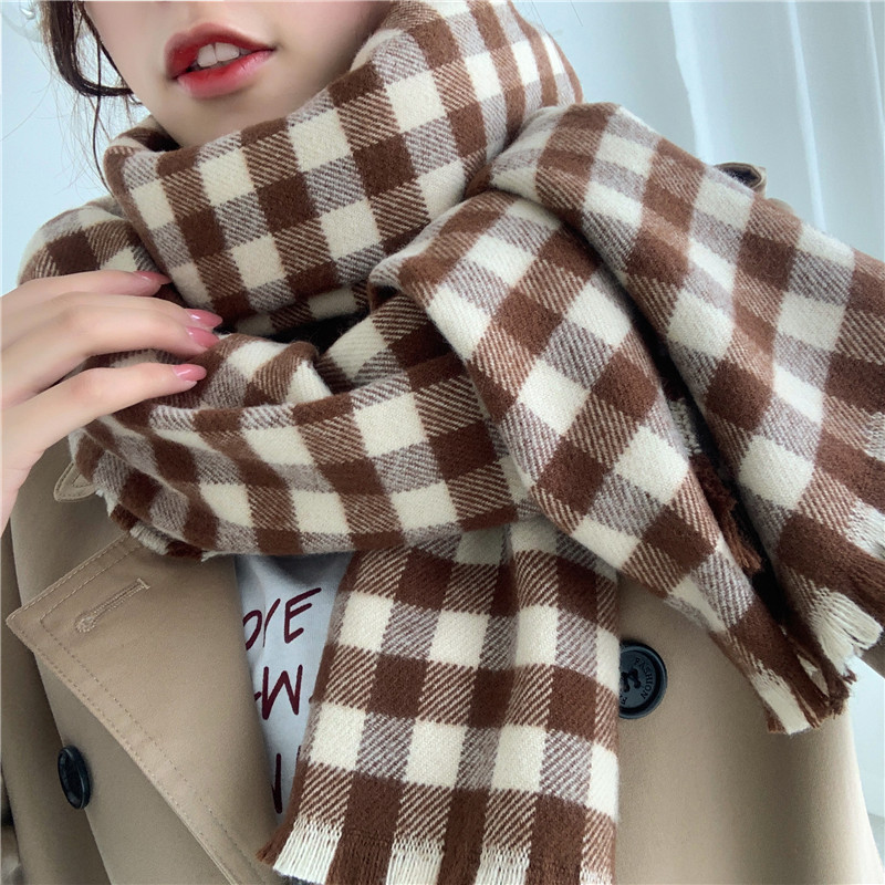 恋珂色旗舰店秋冬韩版日系女保暖仿羊绒长四边毛须围巾学院百搭格子披肩恋珂色0