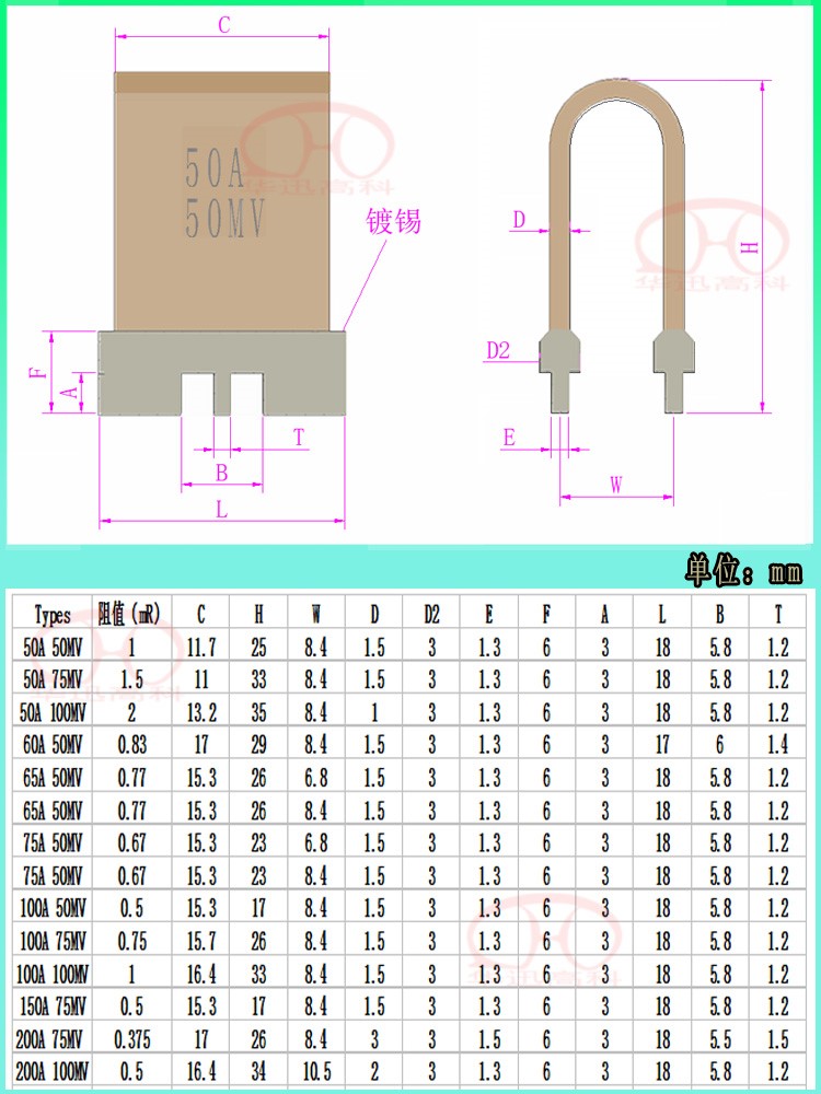 适用精密U型分流器50A60A100A150A200A 50MV75MV电流采取样毫欧电-图0