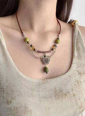 波希米亚民族风蝴蝶皮绳项链女锁骨链高级感轻奢小众时尚