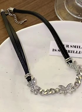 黑色choker蝴蝶皮革项链女锁骨链项圈甜酷脖颈链小众颈环辣妹