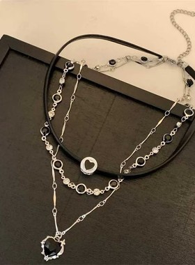 多层叠戴爱心项链女辣妹甜酷黑皮绳链锁骨链choker颈链百搭首饰