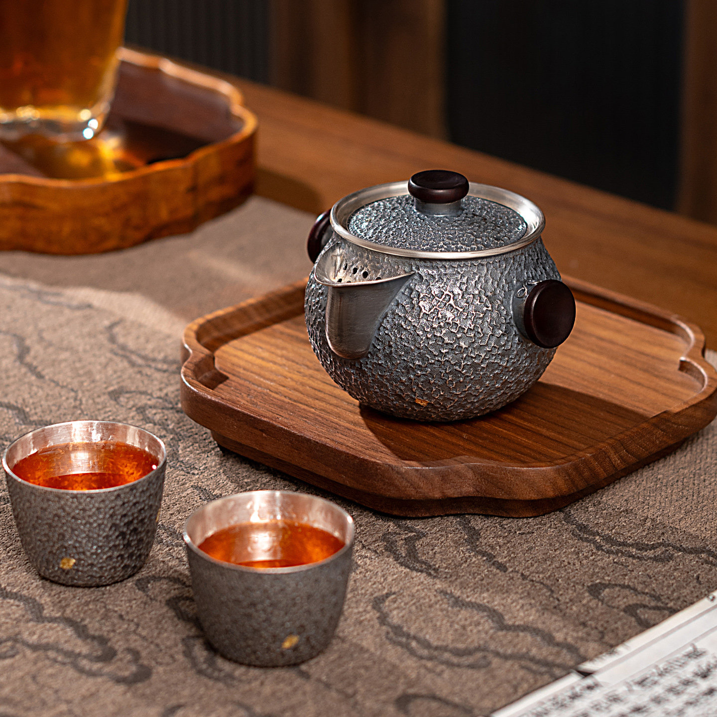 Silver Age sterling silver clutch pot pure silver 999 portable travel tea set handmade stone pattern silver pot silver cup