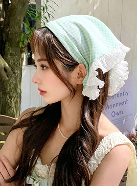 新款田园风白色蕾丝三角巾女夏季海边薄款头巾法式包头发方巾发饰