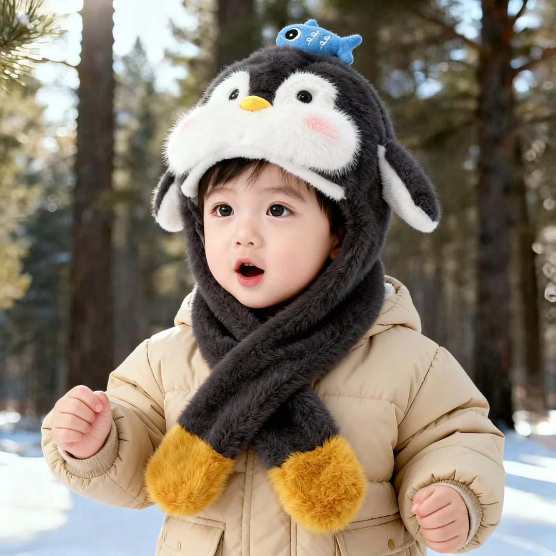 儿童帽子毛绒帽围巾一体冬季保暖护耳宝宝男女童可爱企鹅耳朵会动,淘宝优惠券,粉丝福利购,淘宝优惠卷