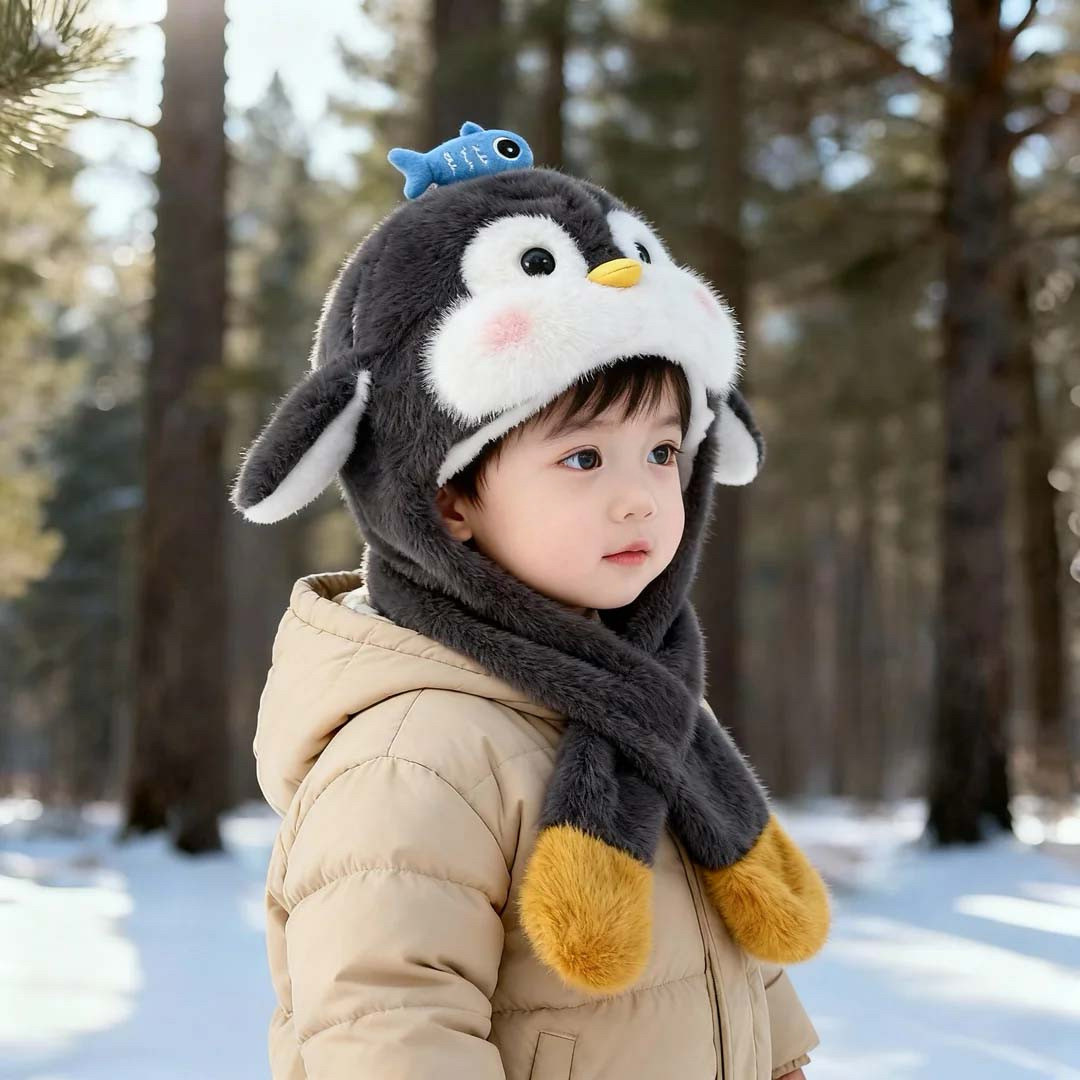 儿童帽子毛绒帽围巾一体冬季保暖护耳宝宝男女童可爱企鹅耳朵会动,淘宝优惠券,粉丝福利购,淘宝优惠卷