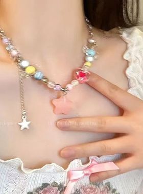 夏日五条彩色串珠爱心糖果项链设计甜美多巴胺配饰甜酷辣妹锁骨