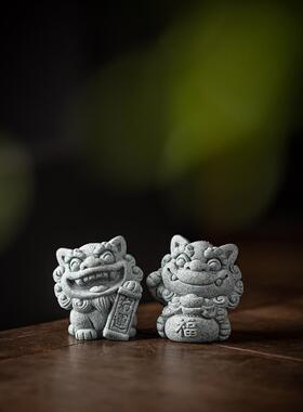 创意可爱小狮子一对招财福袋茶宠摆件国潮石狮子鱼缸盆栽造景装饰