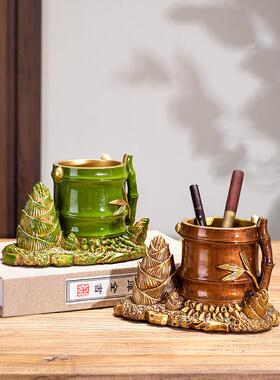 复古国风竹竹高升笔筒摆件老板办公室装饰品送领导老师礼物品