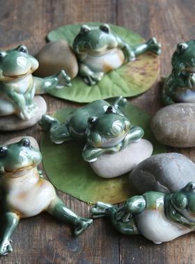 欧式创意可爱陶瓷小青蛙套装摆件迷你盆景装饰品鱼缸布景客厅摆设